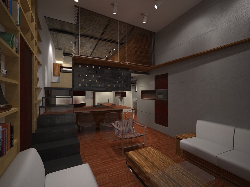 Esempio di un piccolo soggiorno minimal stile loft con pareti grigie, pavimento in legno massello medio e pavimento marrone