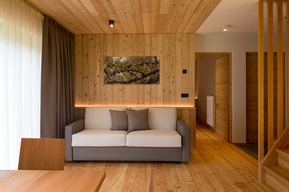 Imagen de salón abierto rural de tamaño medio con suelo de madera clara