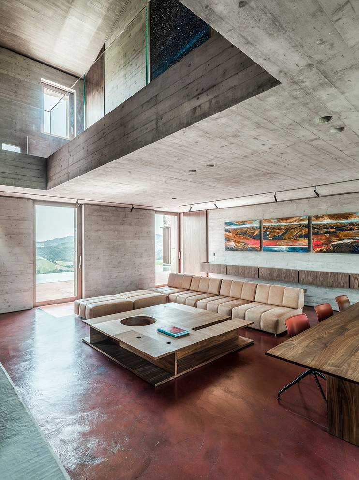 Immagine di un grande soggiorno minimalista aperto con sala formale, pavimento in cemento, parete attrezzata, pavimento rosso e pareti grigie