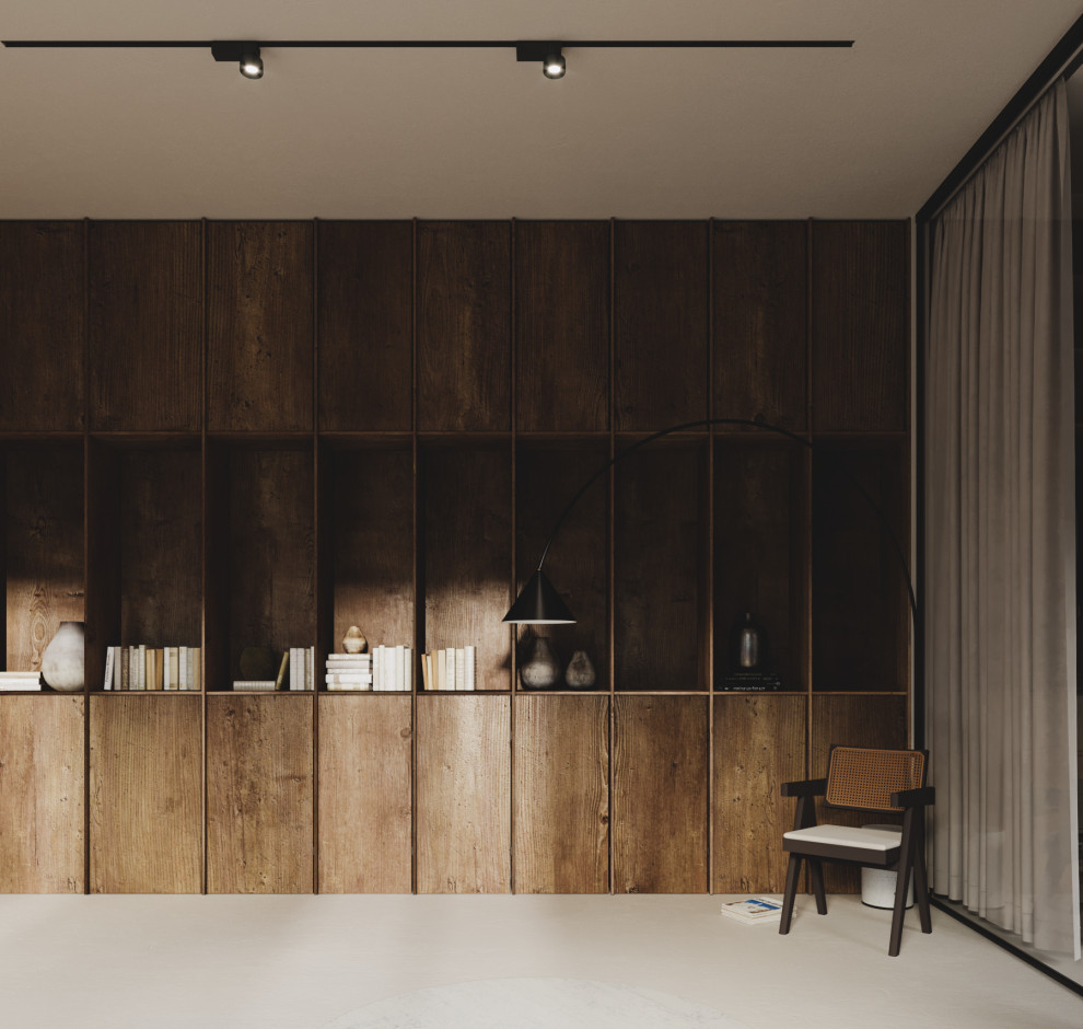 Идея дизайна: открытая гостиная комната среднего размера в современном стиле с с книжными шкафами и полками, бежевыми стенами и бетонным полом