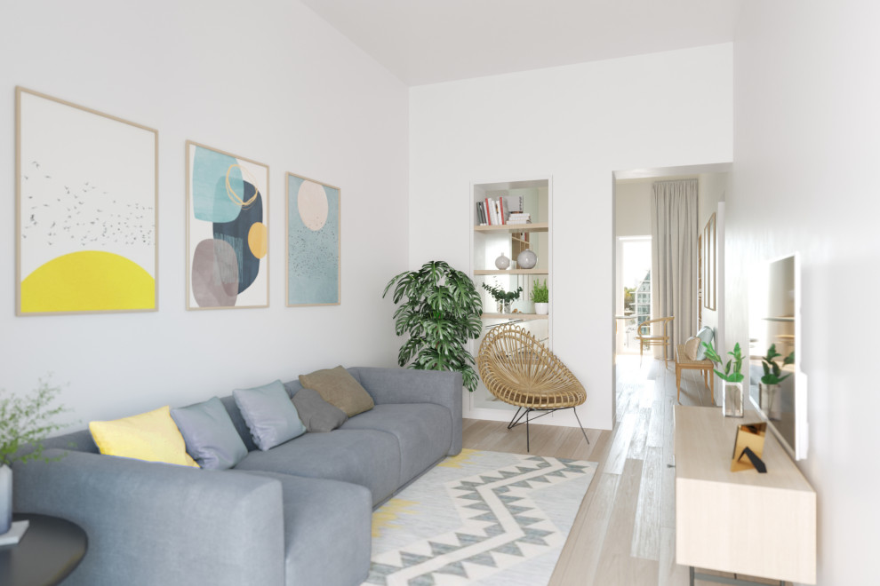 Immagine di un piccolo soggiorno scandinavo aperto con pareti bianche, pavimento in legno verniciato, TV a parete e pavimento beige