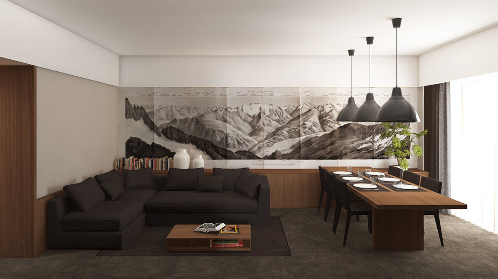 Idee per un soggiorno minimal chiuso con pavimento grigio