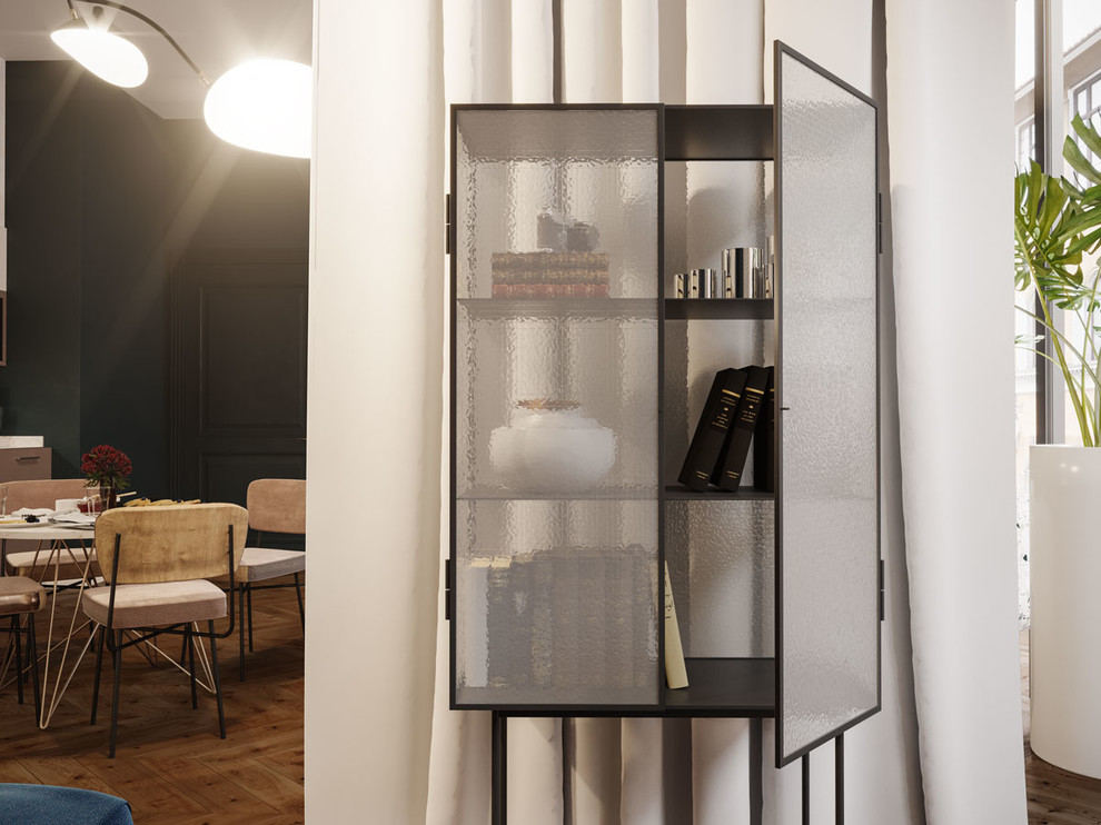 Ispirazione per un piccolo soggiorno moderno aperto con pareti bianche, pavimento in legno massello medio e pavimento marrone