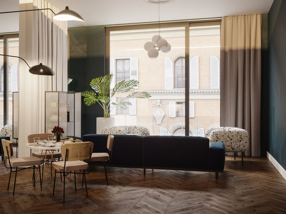 Idee per un piccolo soggiorno moderno aperto con pareti bianche, pavimento in legno massello medio e pavimento marrone