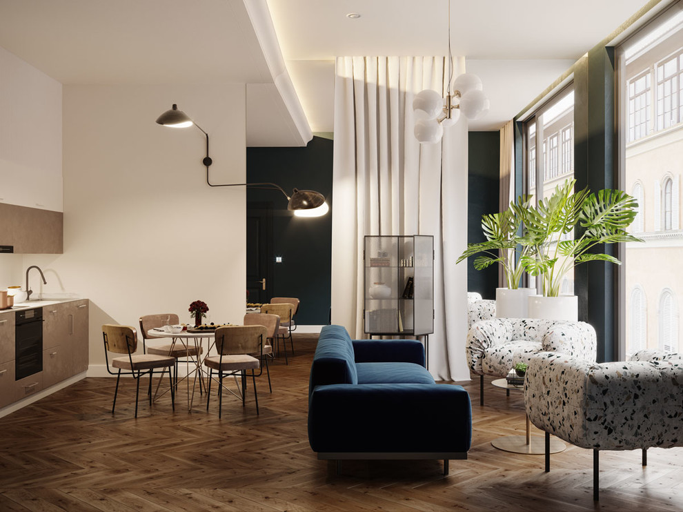 Esempio di un piccolo soggiorno minimalista aperto con pareti bianche, pavimento in legno massello medio e pavimento marrone