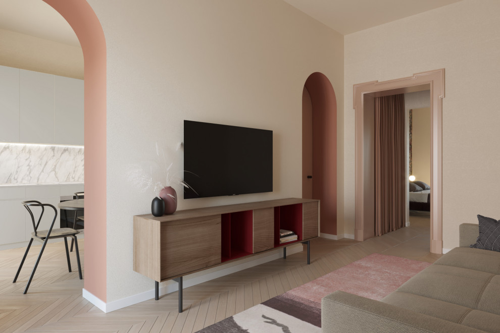 Foto di un soggiorno contemporaneo di medie dimensioni e aperto con pareti rosa, parquet chiaro e TV a parete