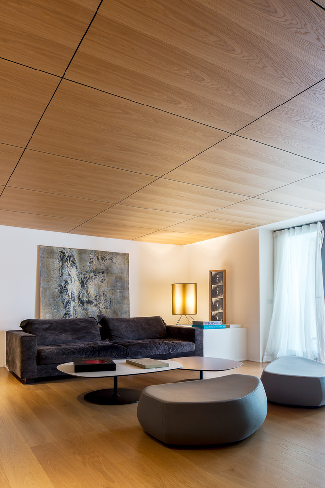 Cette image montre un grand salon design avec un mur blanc et un sol en bois brun.