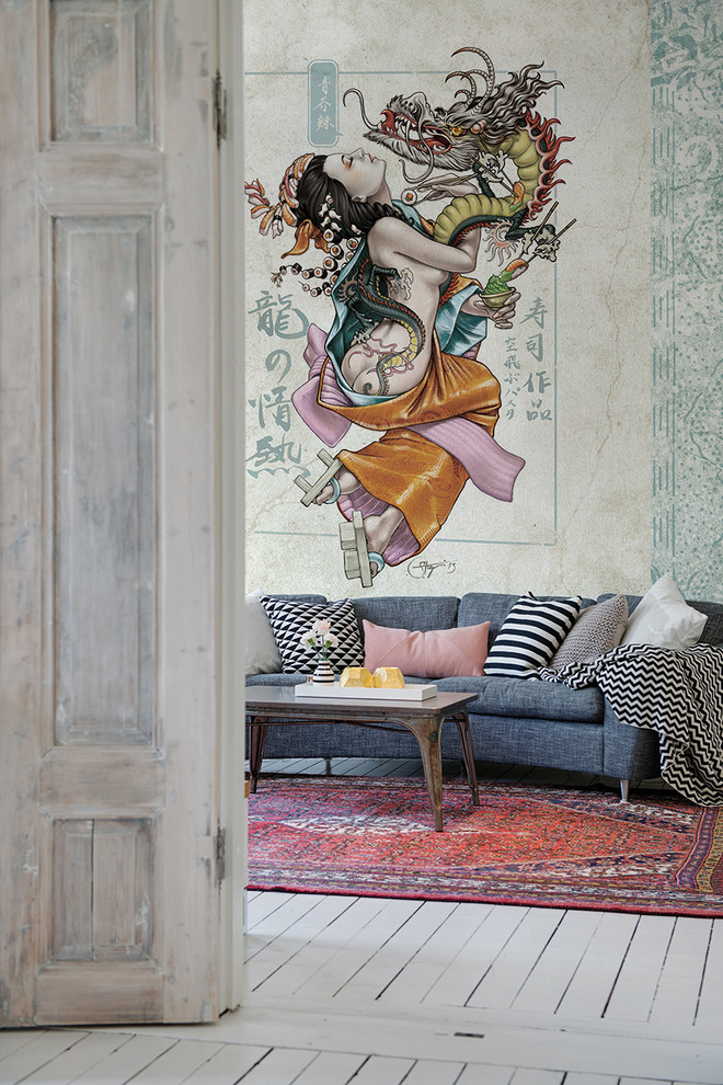 Immagine di un piccolo soggiorno design chiuso con pareti multicolore e parquet chiaro