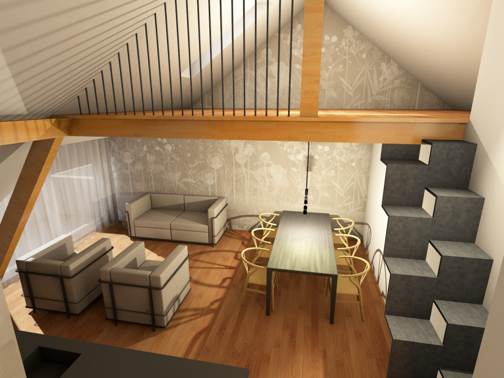 Idee per un soggiorno minimalista di medie dimensioni e stile loft con parquet chiaro