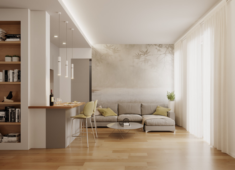 Foto di un piccolo soggiorno design aperto con sala formale, pareti bianche, pavimento in gres porcellanato, TV a parete, soffitto ribassato e carta da parati