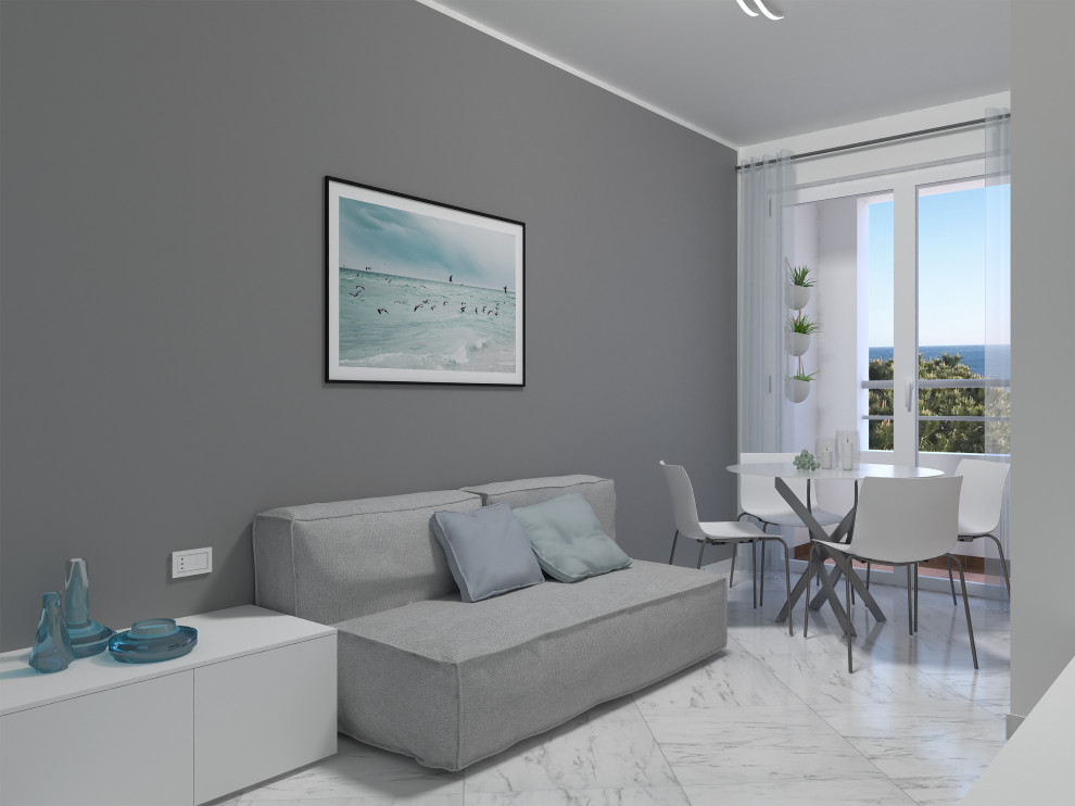 Diseño de sala de estar contemporánea pequeña con paredes grises, suelo de mármol y suelo blanco