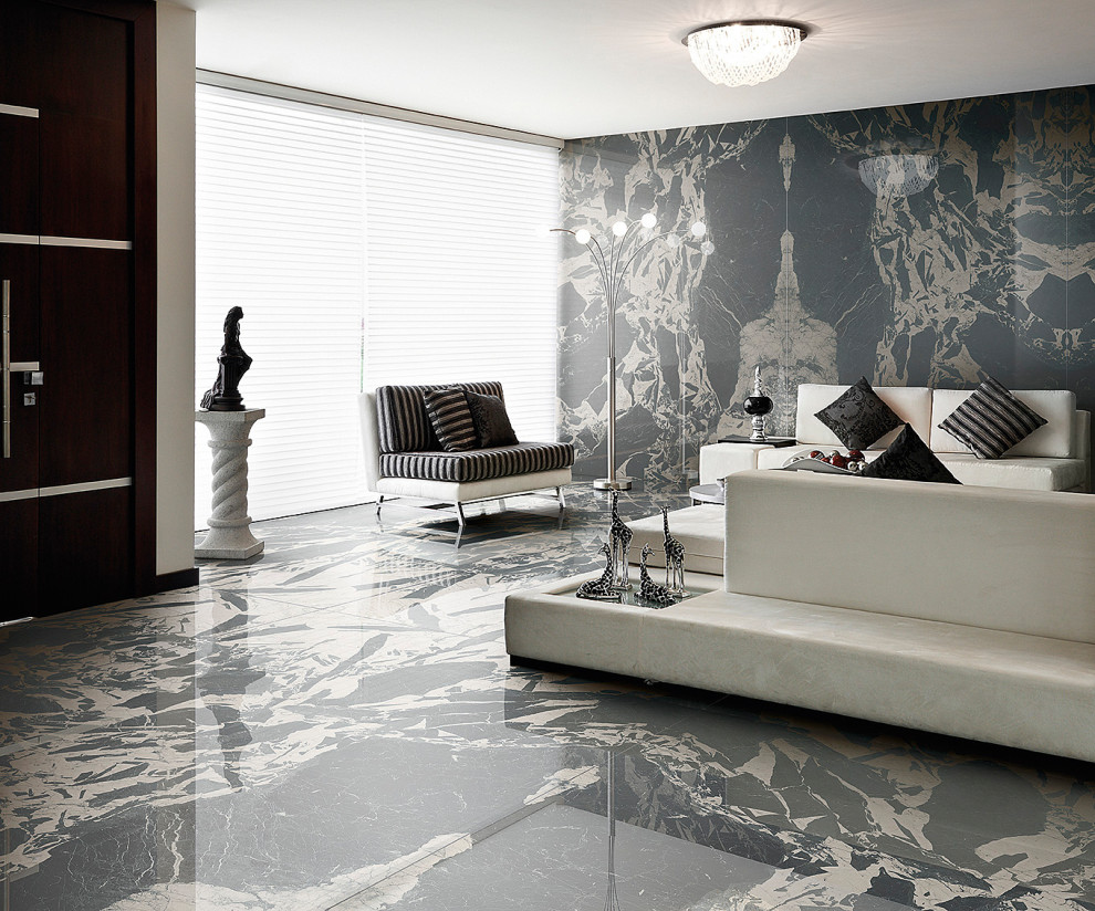 Living room - contemporary porcelain tile and black floor living room idea in Chicago with black walls