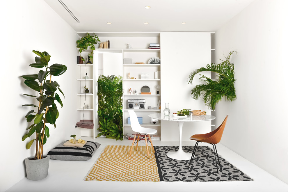 Источник вдохновения для домашнего уюта: изолированная гостиная комната среднего размера в современном стиле с белыми стенами