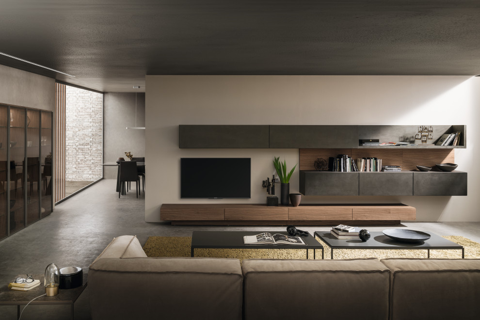 Foto di un grande soggiorno contemporaneo stile loft con pareti grigie, pavimento in cemento, TV a parete e pavimento grigio