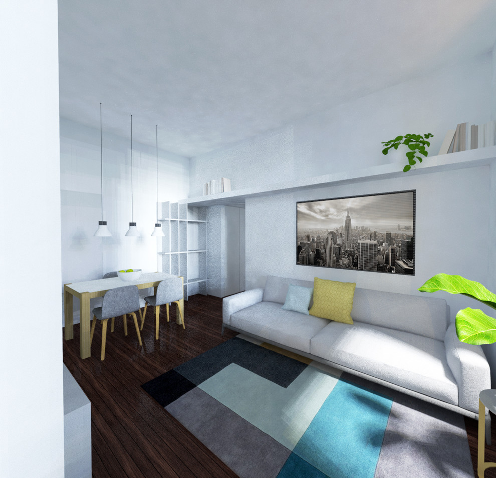 Immagine di un piccolo soggiorno contemporaneo con pareti bianche, parquet scuro e TV a parete