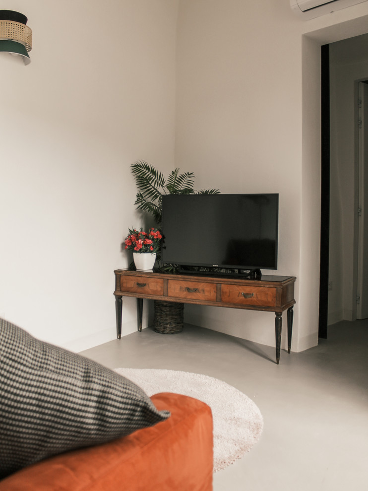 Idee per un piccolo soggiorno mediterraneo stile loft con pareti bianche, pavimento in cemento, TV autoportante e pavimento grigio