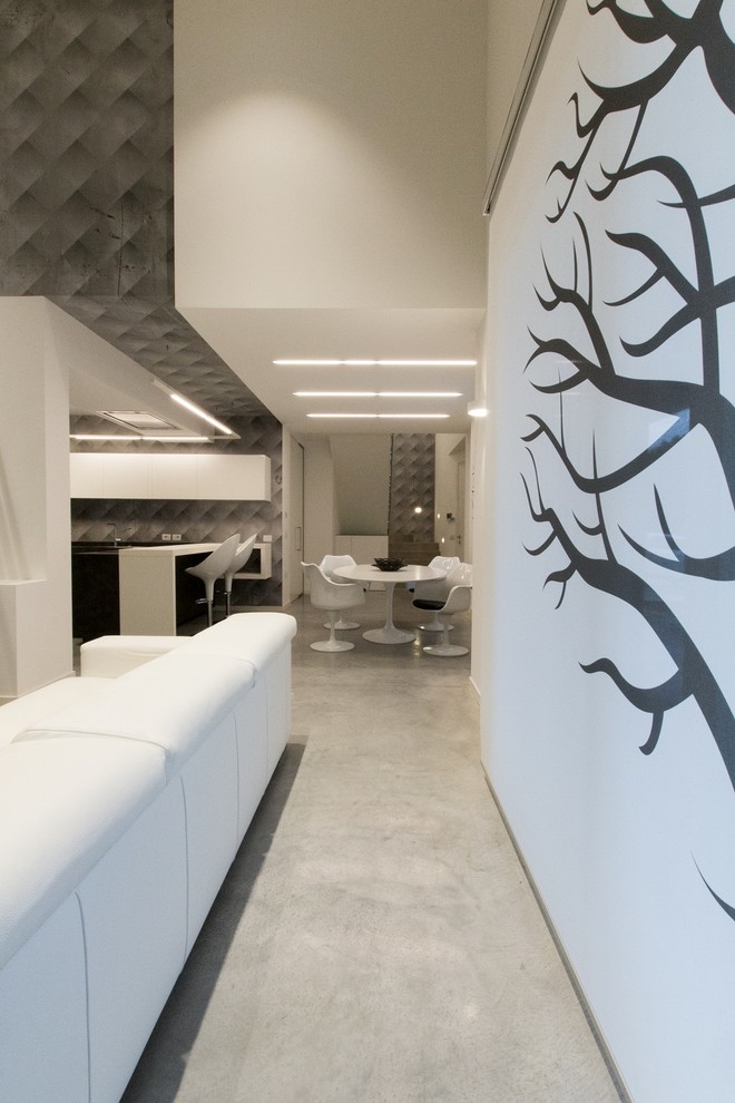 Foto di un soggiorno minimalista con pareti bianche, pavimento in cemento e pavimento grigio