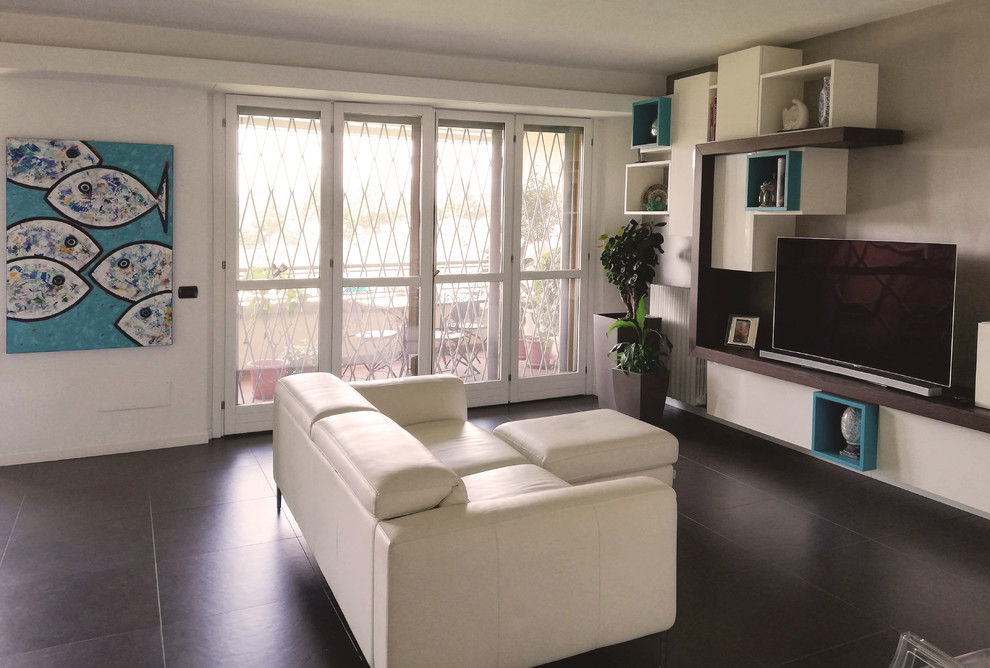 Inspiration for a large contemporary formal open plan living room in Milan with white walls, porcelain flooring, a built-in media unit and brown floors.