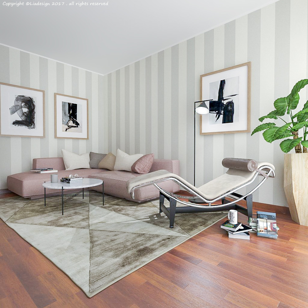 Foto di un soggiorno design di medie dimensioni e aperto con pavimento in legno massello medio e pavimento marrone