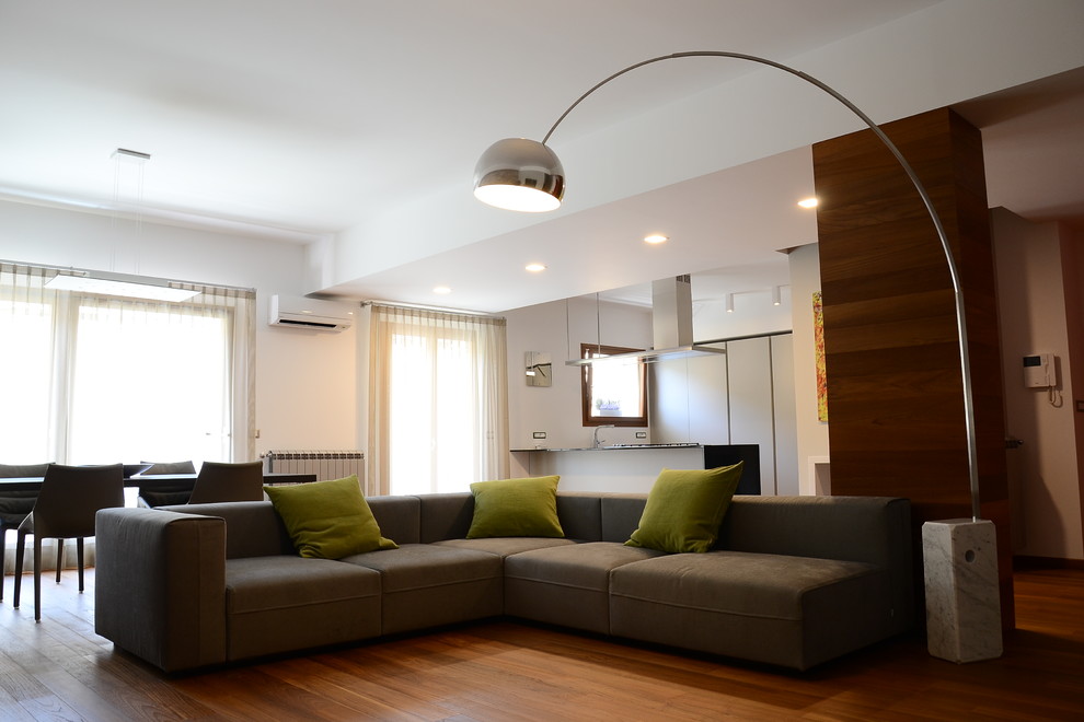 Diseño de sala de estar cerrada actual de tamaño medio con suelo de madera en tonos medios y televisor independiente