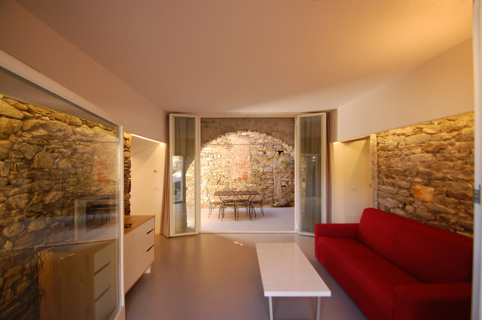 Immagine di un soggiorno contemporaneo di medie dimensioni e stile loft con pareti bianche, pavimento in cemento e pavimento grigio