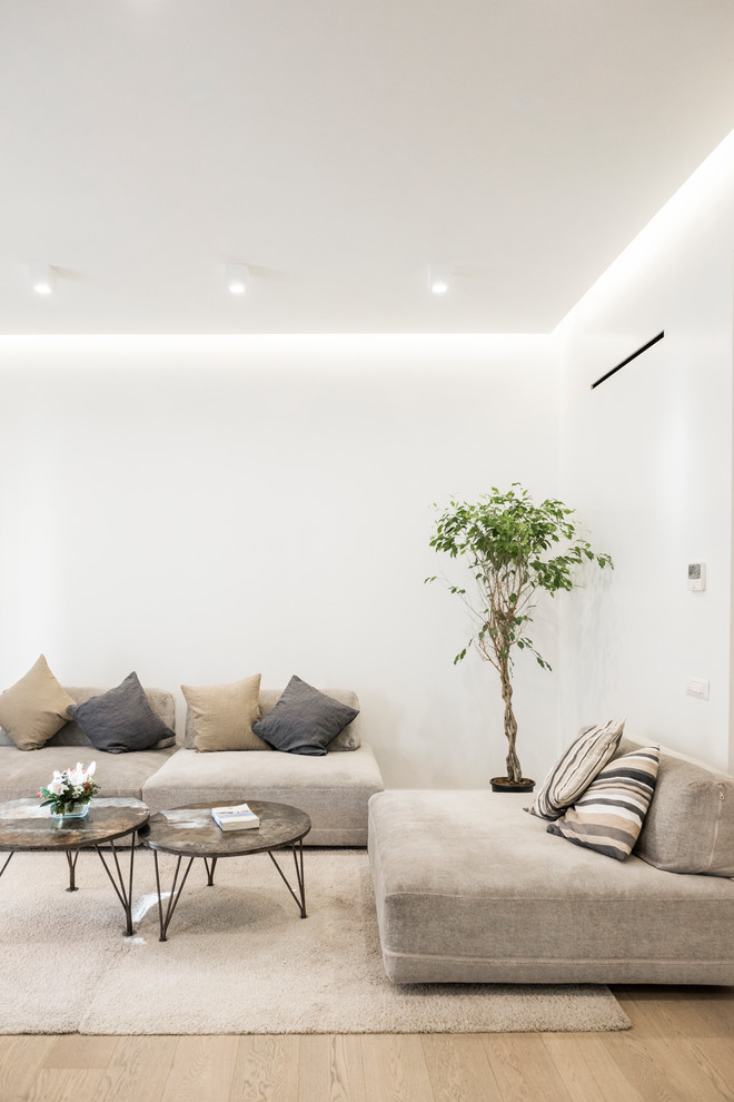 Пример оригинального дизайна: гостиная комната в современном стиле с белыми стенами, светлым паркетным полом, бежевым полом и ковром на полу