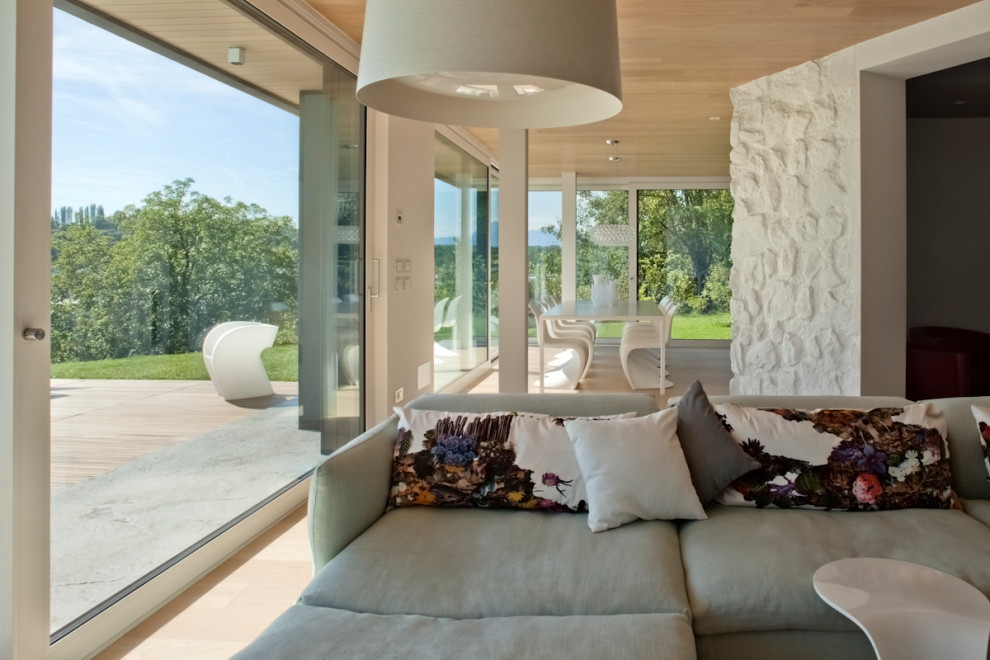 Großes, Offenes Modernes Wohnzimmer mit hellem Holzboden in Sonstige