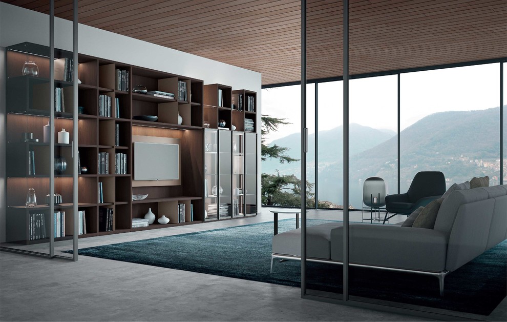 Immagine di un grande soggiorno minimalista stile loft con libreria e pavimento in cemento