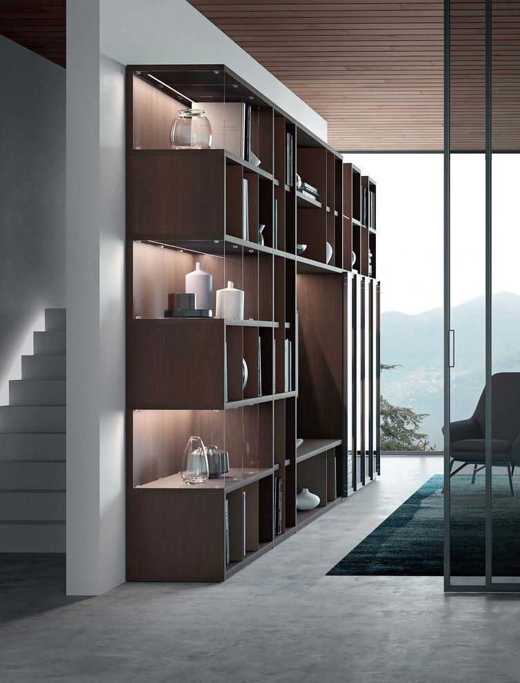 Esempio di un grande soggiorno moderno stile loft con libreria e pavimento in cemento