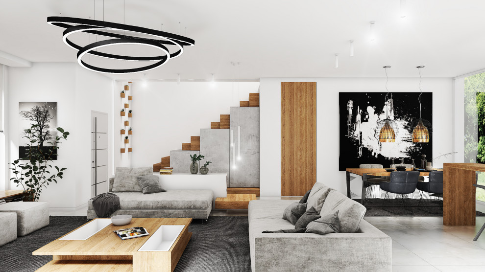 Esempio di un ampio soggiorno moderno aperto con pareti bianche e pavimento in gres porcellanato