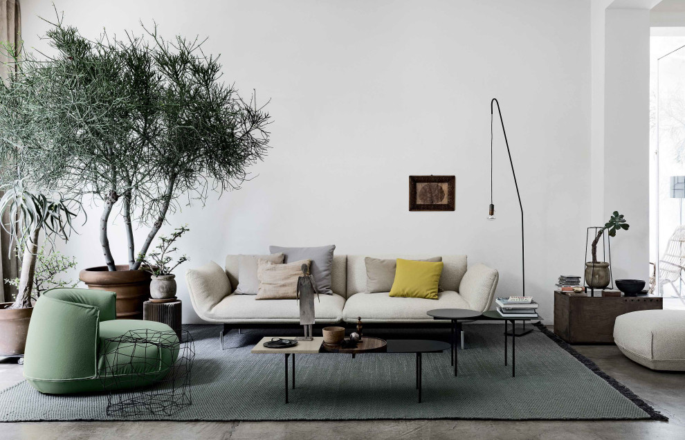 Immagine di un grande soggiorno minimal aperto con pareti bianche, pavimento in cemento e pavimento grigio