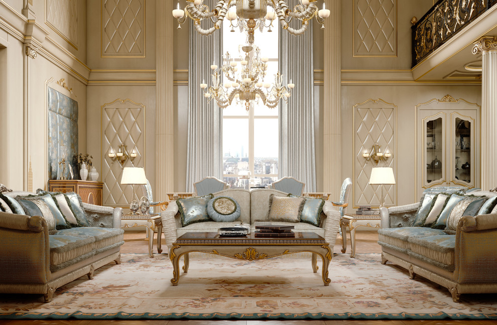 Repräsentatives, Offenes Klassisches Wohnzimmer mit beiger Wandfarbe, braunem Holzboden und braunem Boden in Paris