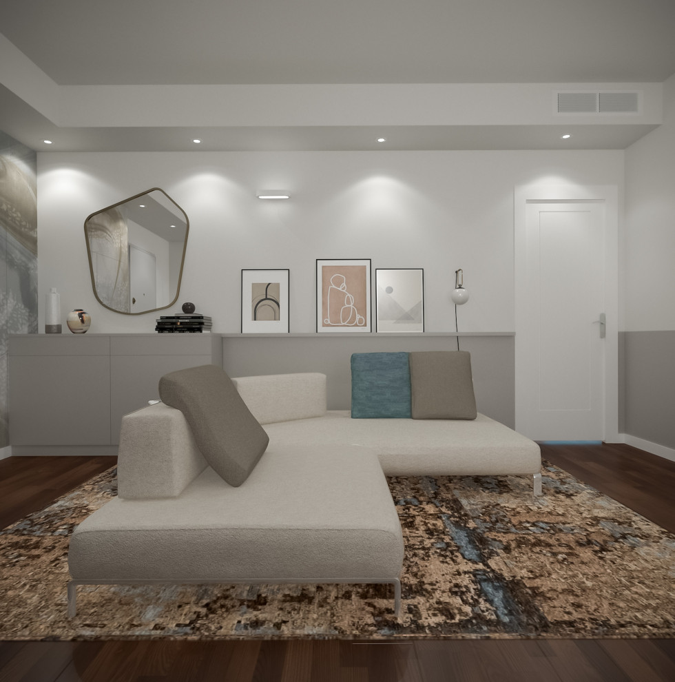 Idee per un piccolo soggiorno design aperto con parquet scuro e TV a parete