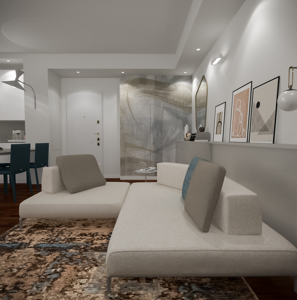Идея дизайна: маленькая открытая гостиная комната в современном стиле с темным паркетным полом и телевизором на стене для на участке и в саду