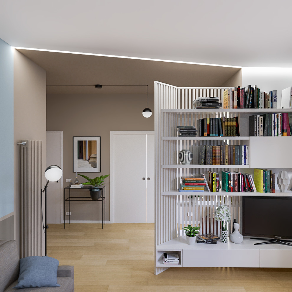 Пример оригинального дизайна: открытая гостиная комната среднего размера в современном стиле с с книжными шкафами и полками, синими стенами, светлым паркетным полом и мультимедийным центром