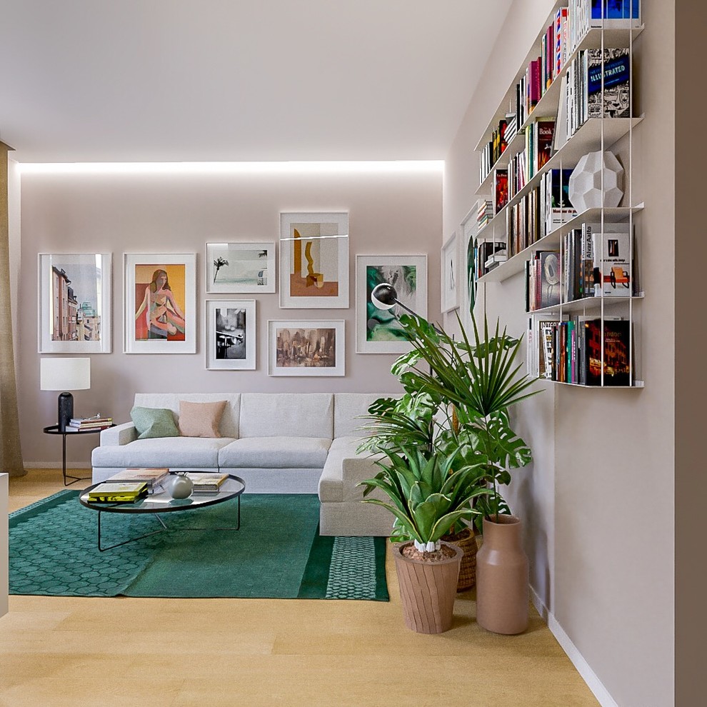 Ispirazione per un soggiorno contemporaneo di medie dimensioni e aperto con libreria, parquet chiaro e pavimento beige