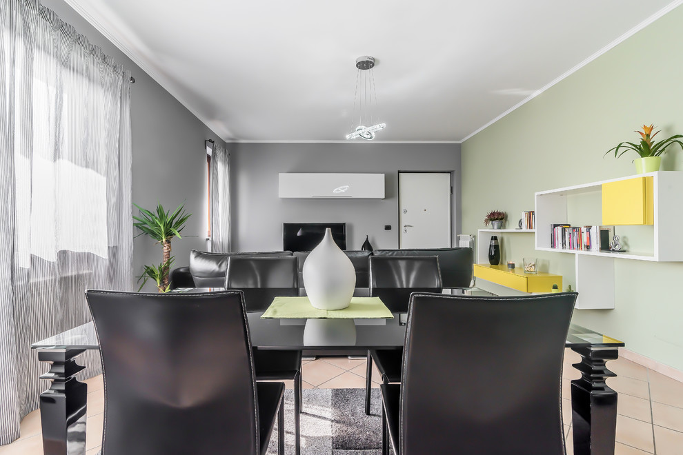 Photo of a large contemporary open plan living room in Rome with multi-coloured walls and ceramic flooring.