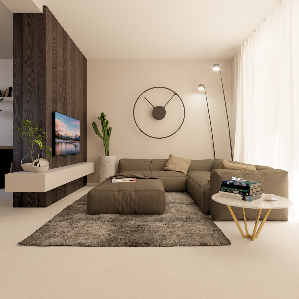 Esempio di un soggiorno contemporaneo di medie dimensioni e aperto con pavimento con piastrelle in ceramica, TV a parete e pavimento beige