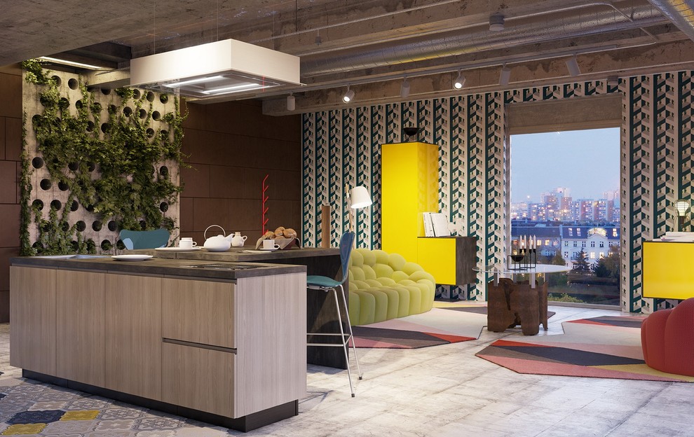 Стильный дизайн: большая открытая гостиная комната в стиле фьюжн с разноцветными стенами и разноцветным полом - последний тренд