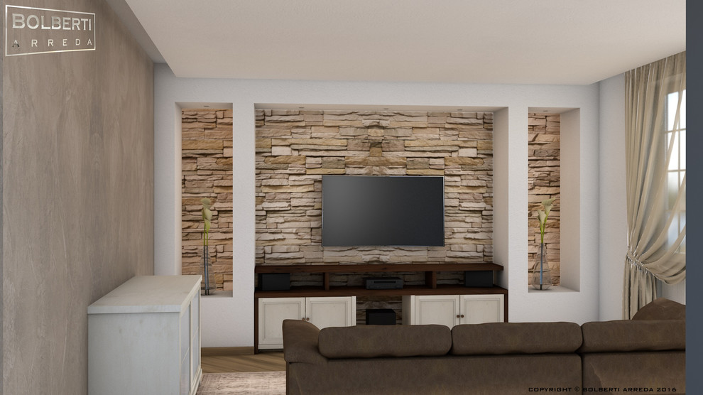 Foto på ett mellanstort funkis separat vardagsrum, med flerfärgade väggar och en väggmonterad TV