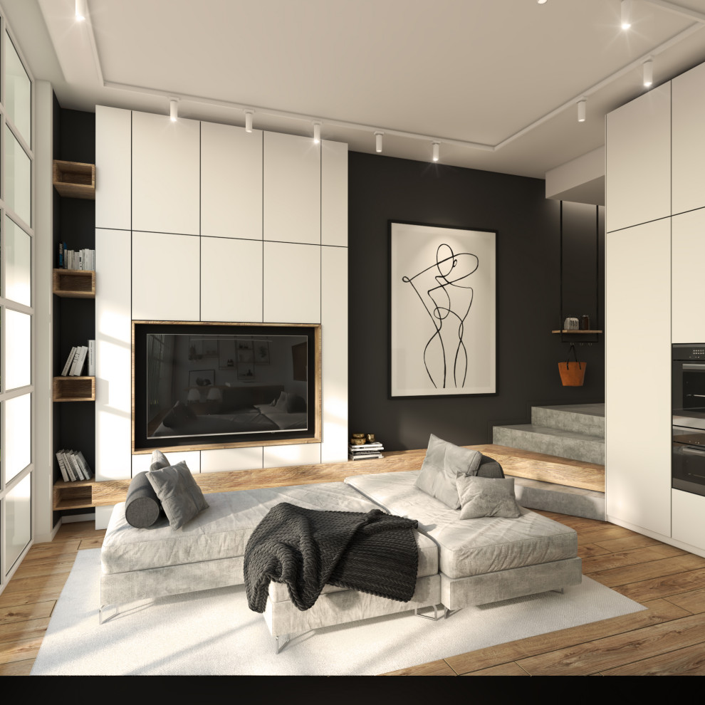 Immagine di un ampio soggiorno contemporaneo aperto con pareti bianche, pavimento in legno massello medio, parete attrezzata e pavimento marrone