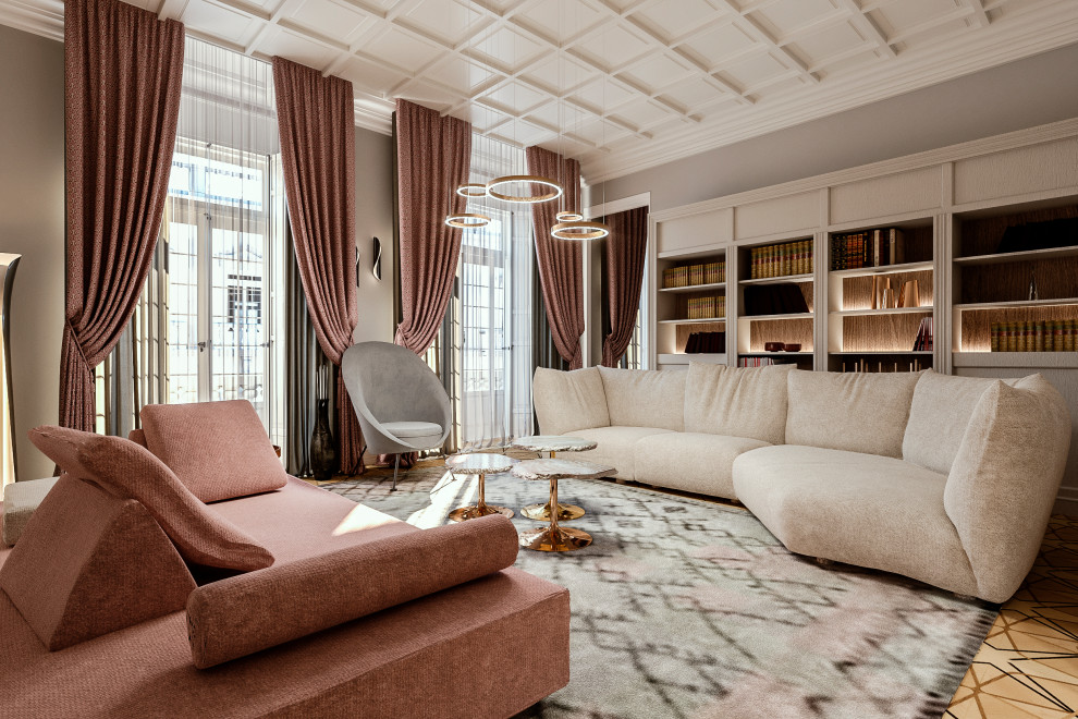 Idee per un soggiorno contemporaneo di medie dimensioni e chiuso con libreria, pareti beige, parquet chiaro, TV nascosta, pavimento multicolore, soffitto a cassettoni e boiserie