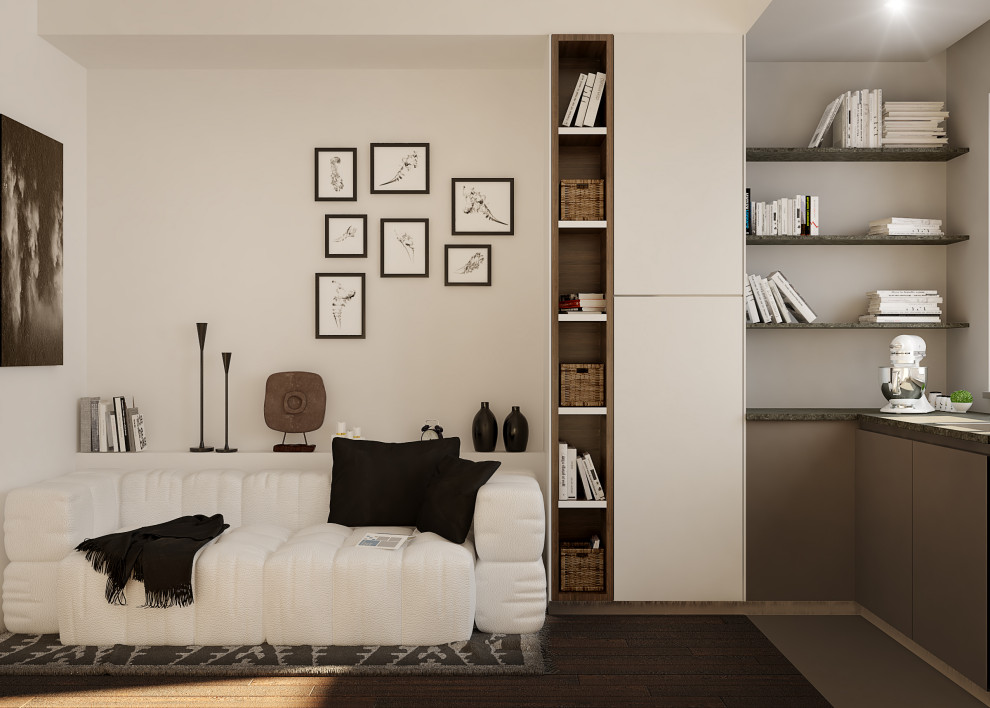 Источник вдохновения для домашнего уюта: маленькая открытая гостиная комната в стиле модернизм с белыми стенами и темным паркетным полом для на участке и в саду