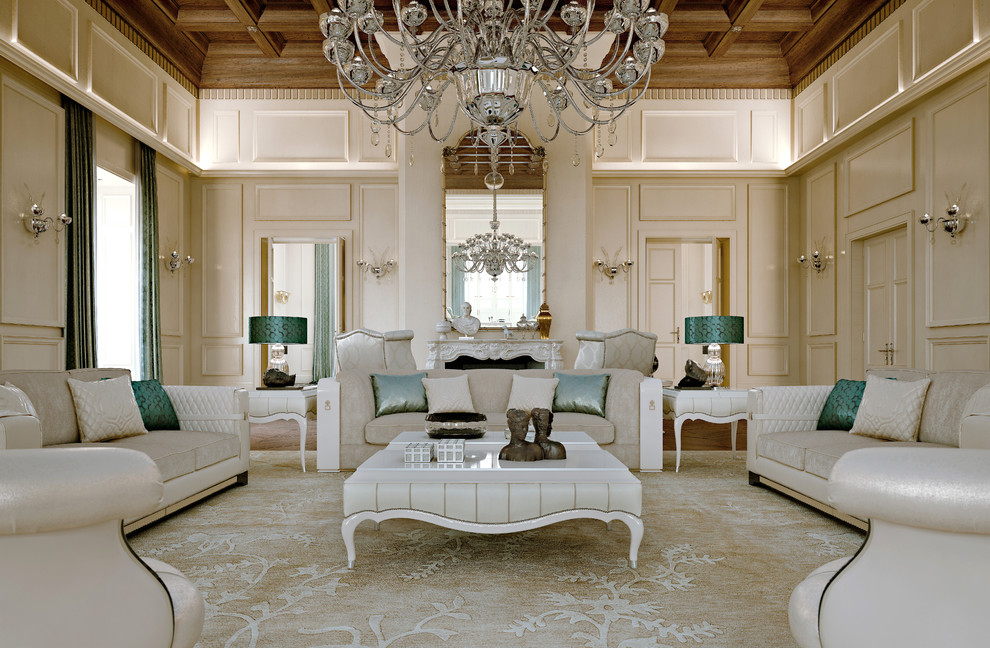 Foto di un soggiorno classico aperto con sala formale, pareti beige, camino classico e tappeto