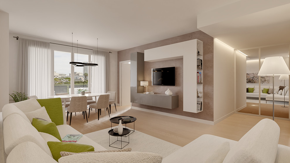 Foto di un ampio soggiorno minimal aperto con pareti beige, parquet chiaro e pavimento marrone