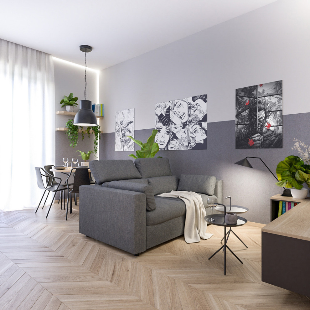 Idee per un piccolo soggiorno industriale aperto con pareti grigie, parquet chiaro e TV a parete