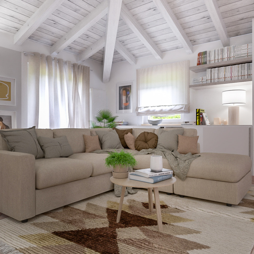 Esempio di un soggiorno design di medie dimensioni e aperto con pareti grigie, pavimento in terracotta, parete attrezzata e pavimento rosa