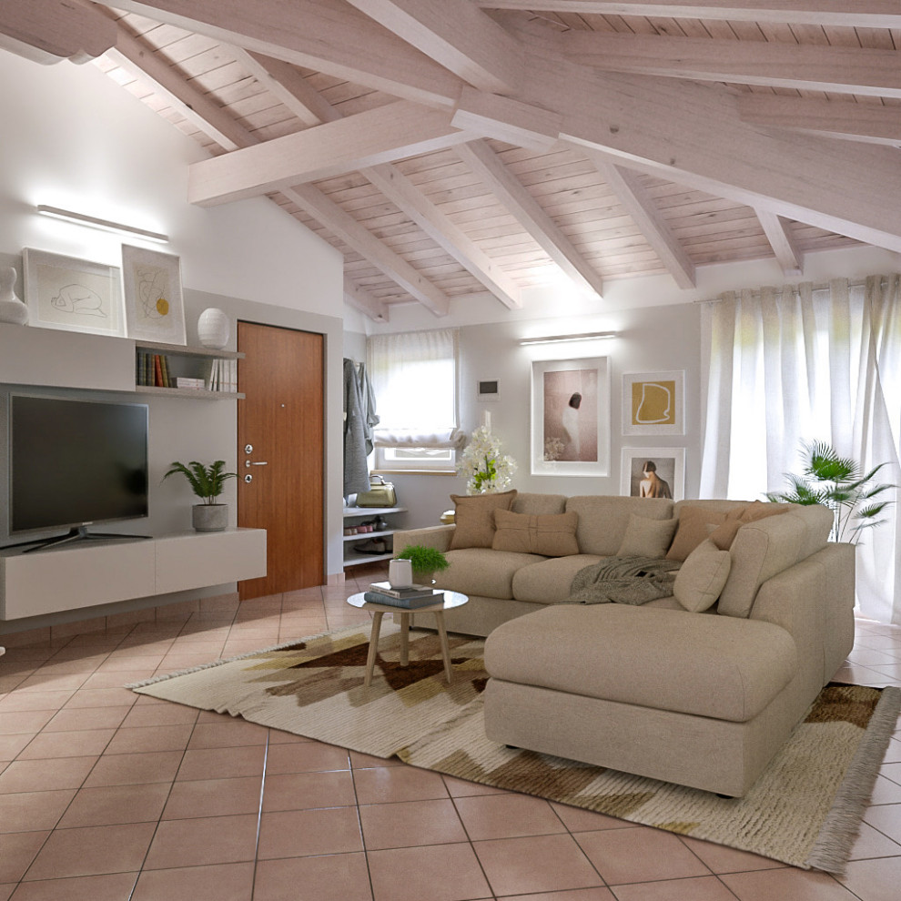 На фото: открытая гостиная комната среднего размера в современном стиле с серыми стенами, полом из терракотовой плитки, мультимедийным центром и розовым полом с