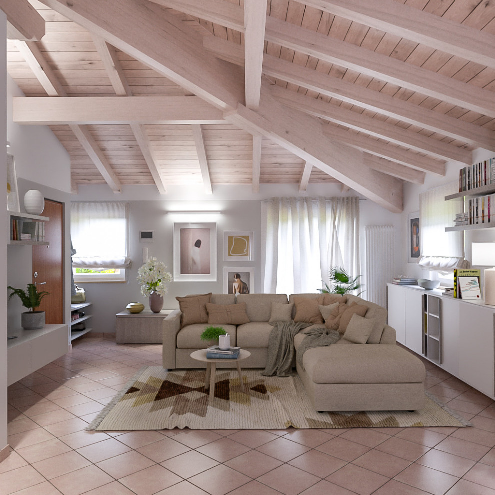 Ispirazione per un soggiorno contemporaneo di medie dimensioni e aperto con pareti grigie, pavimento in terracotta, parete attrezzata e pavimento rosa