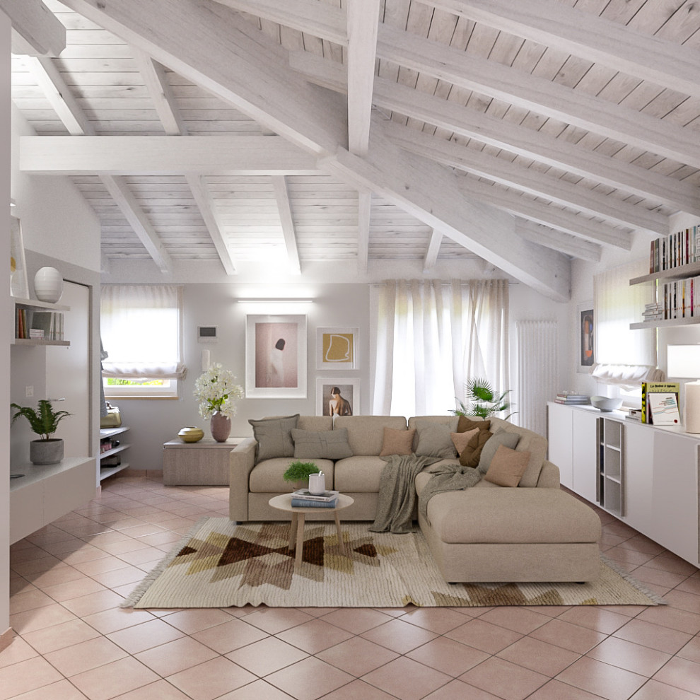 Aménagement d'un salon contemporain de taille moyenne et ouvert avec un mur gris, tomettes au sol, un téléviseur encastré et un sol rose.